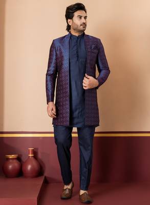 nevy blue open sherwani silk blend nevy blue kurta pyjama set for men with embroidered work 2