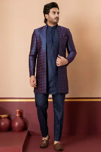 nevy blue open sherwani silk blend nevy blue kurta pyjama set for men with embroidered work
