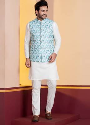 Green printed nehru jacket for men with embroidered work 3