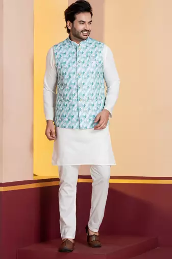 Green printed nehru jacket for men with embroidered work