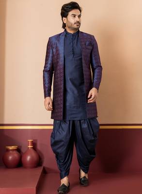 navy blue open sherwani silk blend navy blue kurta dhoti set for men with embroidered work 2