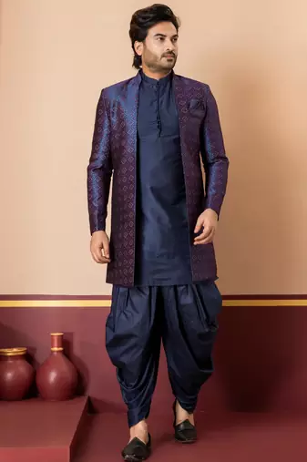navy blue open sherwani silk blend navy blue kurta dhoti set for men with embroidered work