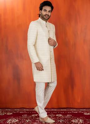 White blend closed sherwani indo western and pyjama set for men with embroidered work 2