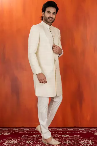 White blend closed sherwani indo western and pyjama set for men with embroidered work