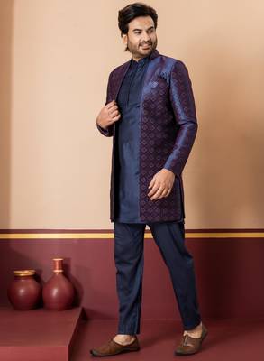 nevy blue open sherwani silk blend nevy blue kurta pyjama set for men with embroidered work 3