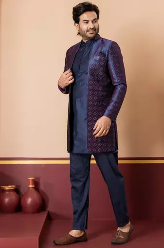 nevy blue open sherwani silk blend nevy blue kurta pyjama set for men with embroidered work