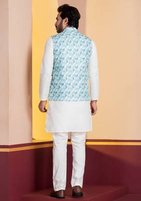 Green printed nehru jacket for men with embroidered work 4