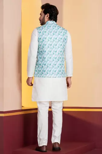 Green printed nehru jacket for men with embroidered work