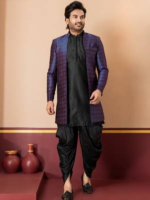 navy blue open sherwani silk blend black kurta dhoti set for men with embroidered work 1