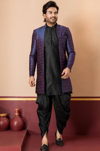 nevy blue open sherwani silk blend black kurta dhoti set for men with embroidered work