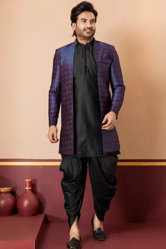 navy blue open sherwani silk blend black kurta dhoti set for men with embroidered work