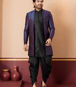 navy blue open sherwani silk blend black kurta dhoti set for men with embroidered work
