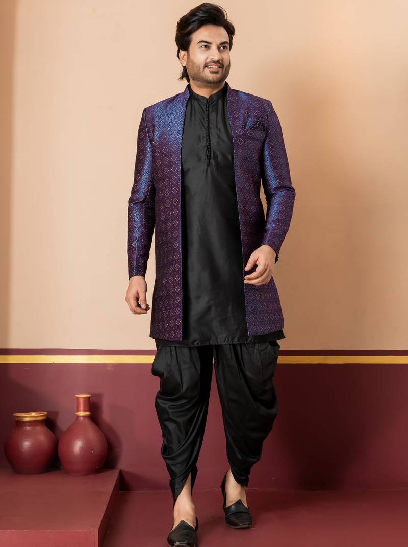 navy blue open sherwani silk blend black kurta dhoti set for men with embroidered work