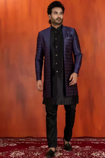 Black jacquard blend indo western nevy blue open sherwani and black pyjama set for men with embroidered work
