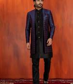 Black jacquard blend indo western nevy blue open sherwani and black pyjama set for men with embroidered work