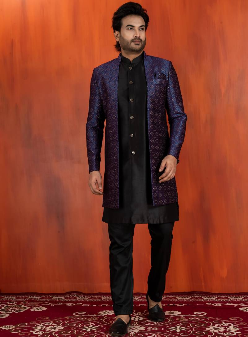 Black jacquard blend indo western nevy blue open sherwani and black pyjama set for men with embroidered work
