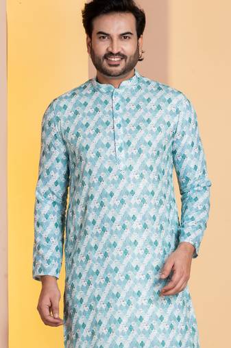 sky  silk blend kurta for men with printed work