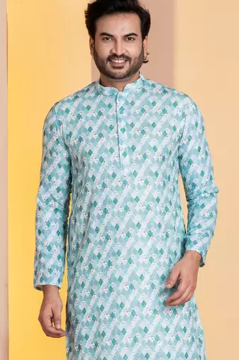 sky silk blend kurta for men with printed work