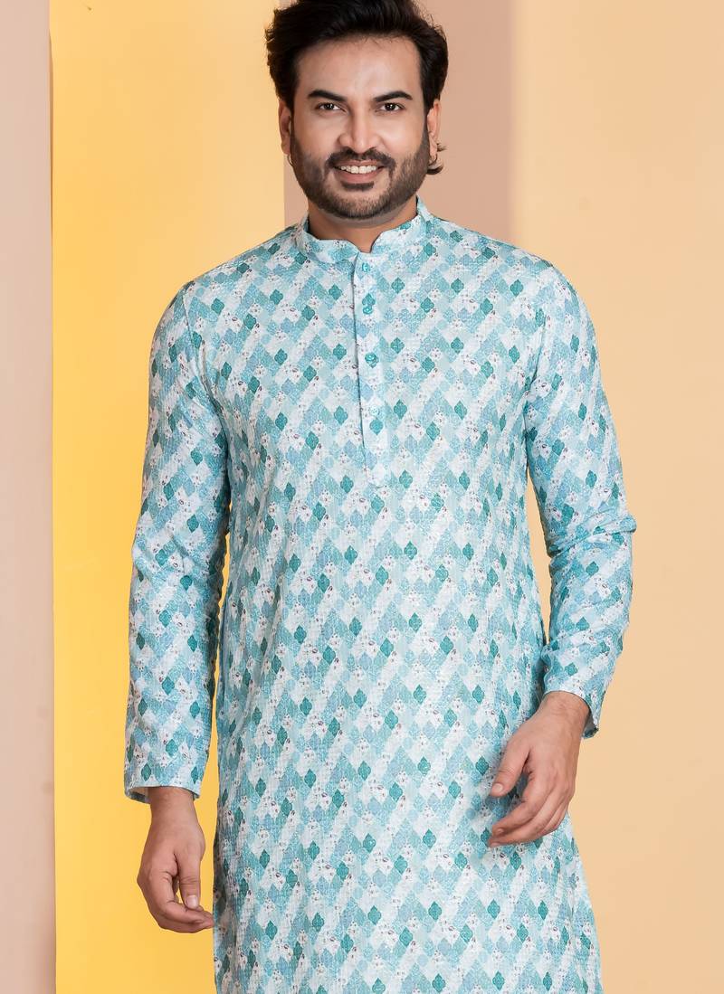 sky silk blend kurta for men with printed work
