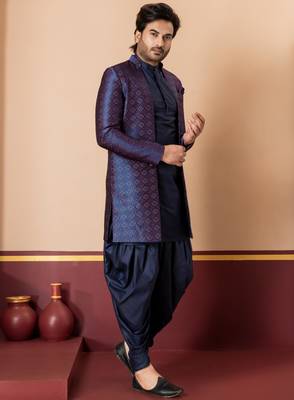 navy blue open sherwani silk blend navy blue kurta dhoti set for men with embroidered work 3