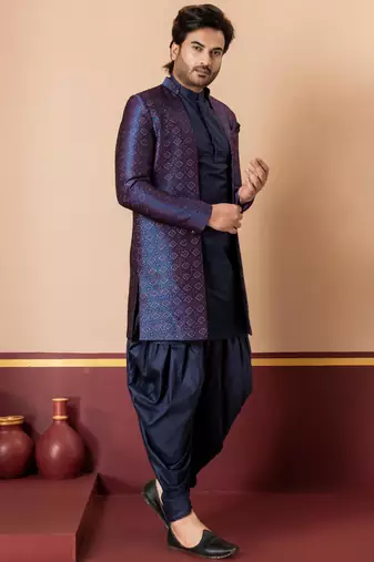 navy blue open sherwani silk blend navy blue kurta dhoti set for men with embroidered work