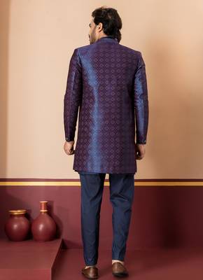 nevy blue open sherwani silk blend nevy blue kurta pyjama set for men with embroidered work 4