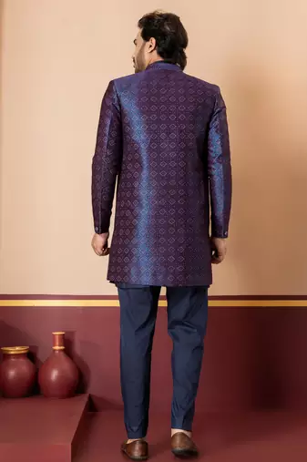 nevy blue open sherwani silk blend nevy blue kurta pyjama set for men with embroidered work