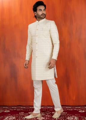 White blend closed sherwani indo western and pyjama set for men with embroidered work 3