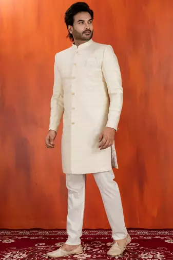 White blend closed sherwani indo western and pyjama set for men with embroidered work