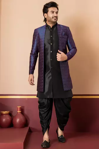 Black jacquard blend indo western navy blue open sherwani and black dhoti set for men with embroidered work
