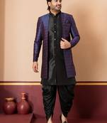 Black jacquard blend indo western navy blue open sherwani and black dhoti set for men with embroidered work