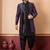 Black jacquard blend indo western navy blue open sherwani and black dhoti set for men with embroidered work