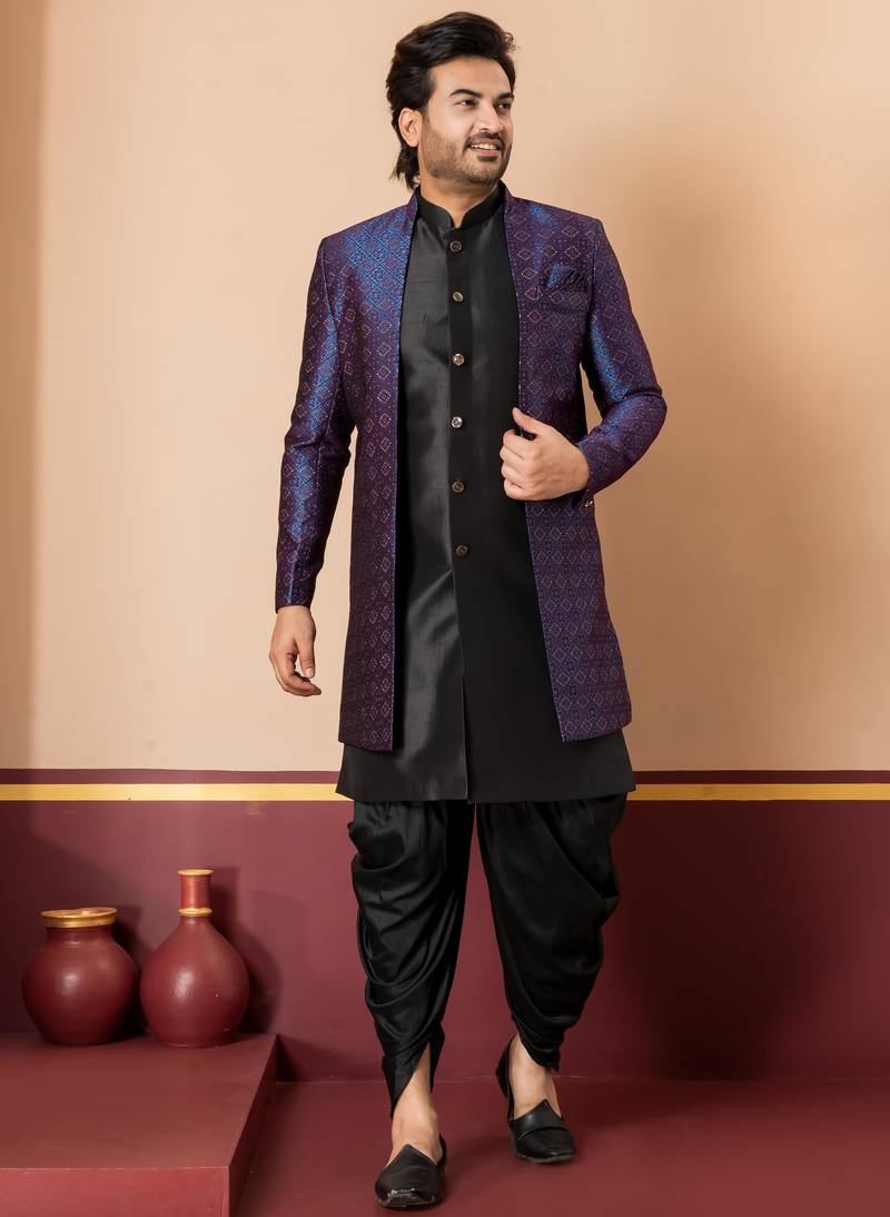 Black jacquard blend indo western navy blue open sherwani and black dhoti set for men with embroidered work