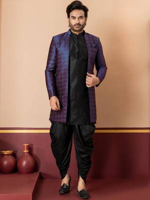 navy blue open sherwani silk blend black kurta dhoti set for men with embroidered work 2