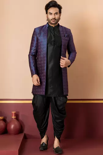 navy blue open sherwani silk blend black kurta dhoti set for men with embroidered work