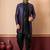 navy blue open sherwani silk blend black kurta dhoti set for men with embroidered work