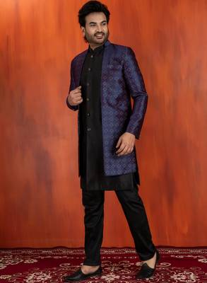 Black jacquard blend indo western nevy blue open sherwani and black pyjama set for men with embroidered work 2