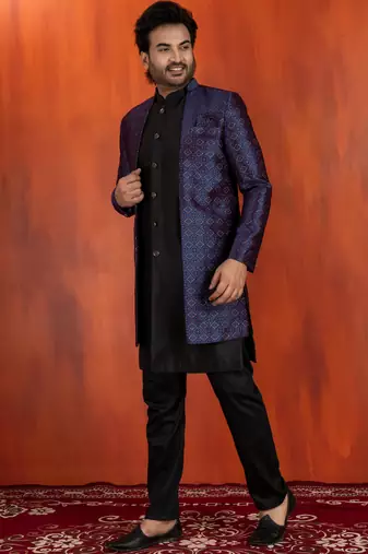 Black jacquard blend indo western nevy blue open sherwani and black pyjama set for men with embroidered work