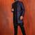Black jacquard blend indo western nevy blue open sherwani and black pyjama set for men with embroidered work