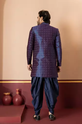 navy blue open sherwani silk blend navy blue kurta dhoti set for men with embroidered work