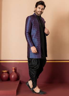 navy blue open sherwani silk blend black kurta dhoti set for men with embroidered work 3