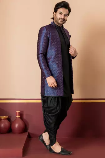 navy blue open sherwani silk blend black kurta dhoti set for men with embroidered work