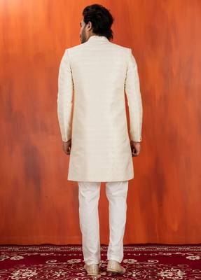 White blend closed sherwani indo western and pyjama set for men with embroidered work 4