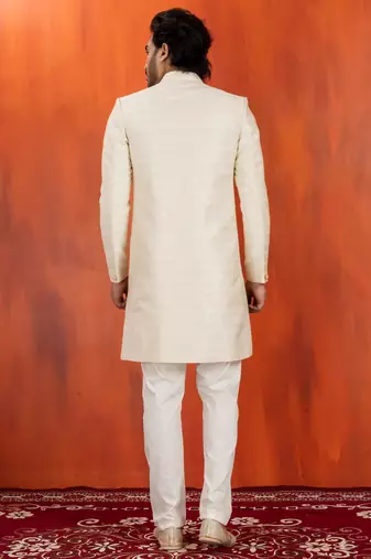 White blend closed sherwani indo western and pyjama set for men with embroidered work