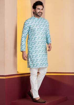 sky silk blend kurta for men with printed work 2