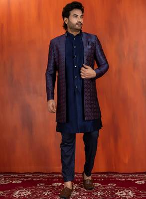 navy blue jacquard blend indo western navy blue open sherwani and pyjama set for men with embroidered work 1