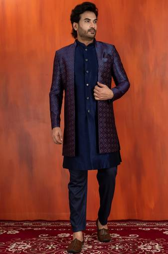 navy blue jacquard blend indo western navy blue open sherwani and pyjama set for men with embroidered work