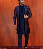 navy blue jacquard blend indo western navy blue open sherwani and pyjama set for men with embroidered work