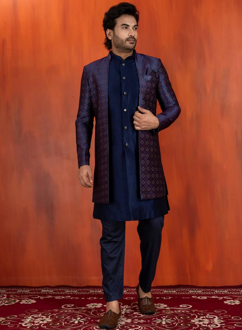 navy blue jacquard blend indo western navy blue open sherwani and pyjama set for men with embroidered work