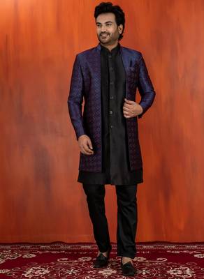 Black jacquard blend indo western nevy blue open sherwani and black pyjama set for men with embroidered work 3